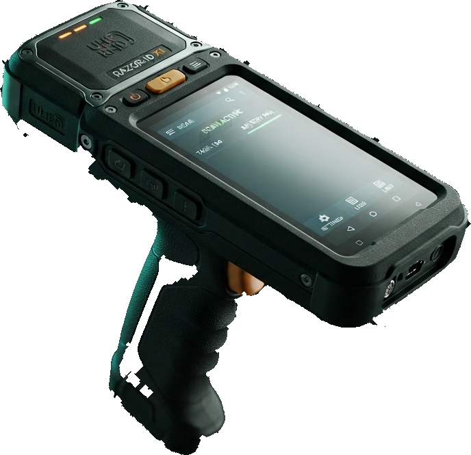 Rugged handheld RFID reader mid-scan